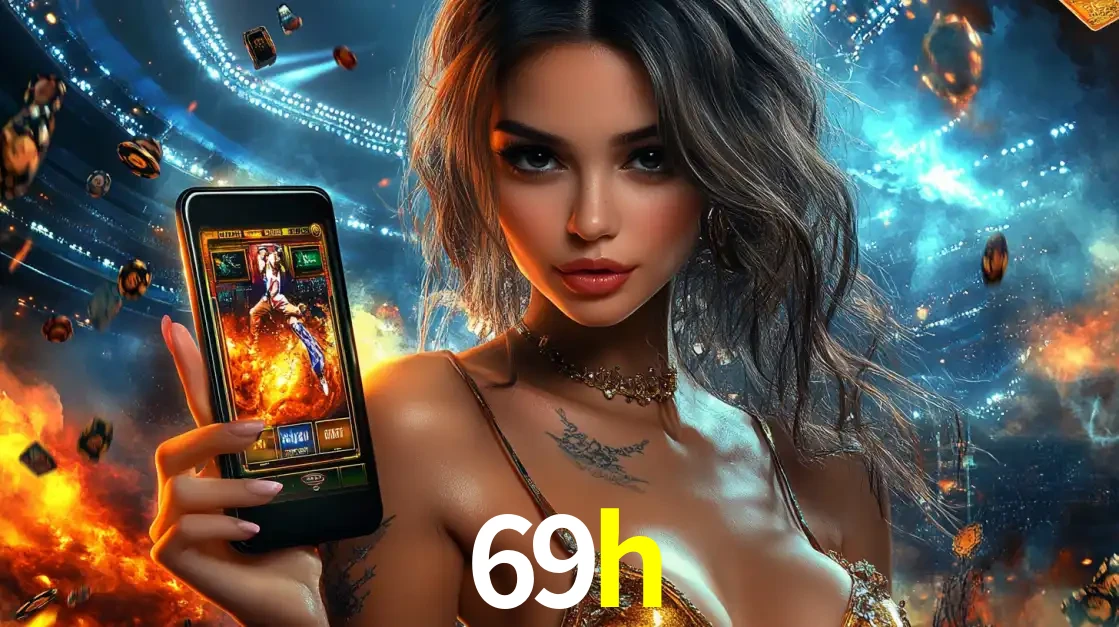 Mulher segurando um celular com um jogo de slot em destaque, tendo como fundo um estádio vibrante, simbolizando a emoção de jogar no cassino móvel 69h.