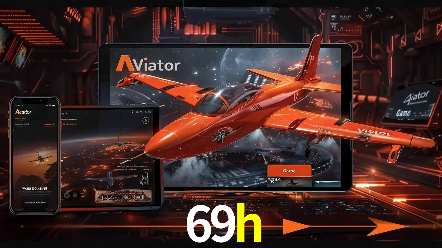 Apresentação tecnológica do jogo Aviator com um avião saindo da tela de um tablet, demonstrando a experiência imersiva em múltiplos dispositivos no 69h.