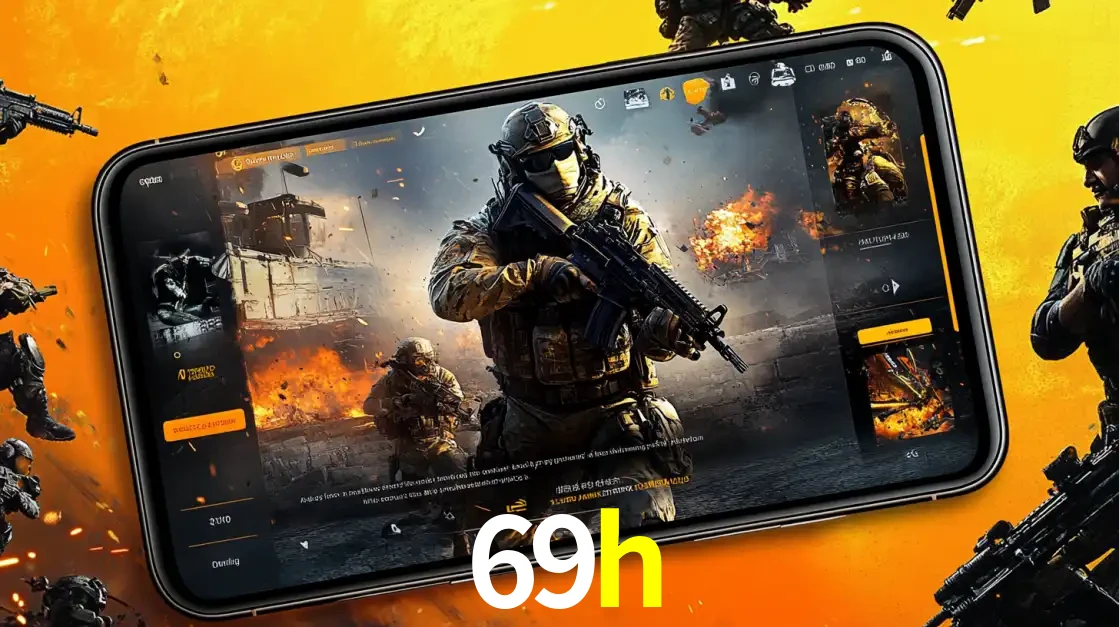 Um smartphone exibindo a interface de um jogo de tiro em primeira pessoa, com um soldado em um cenário de batalha, representando a ação dos e-sports para apostar no 69h.