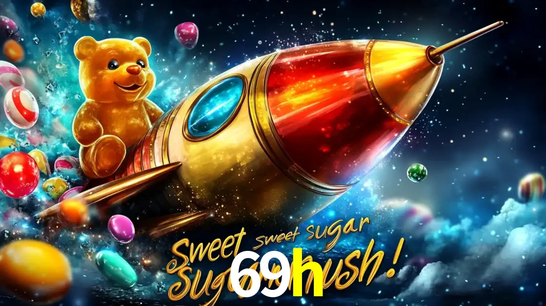Arte promocional do jogo de slot Sugar Rush, com um urso de pelúcia em um foguete viajando pelo espaço de doces, um dos jogos divertidos disponíveis no cassino 69h.