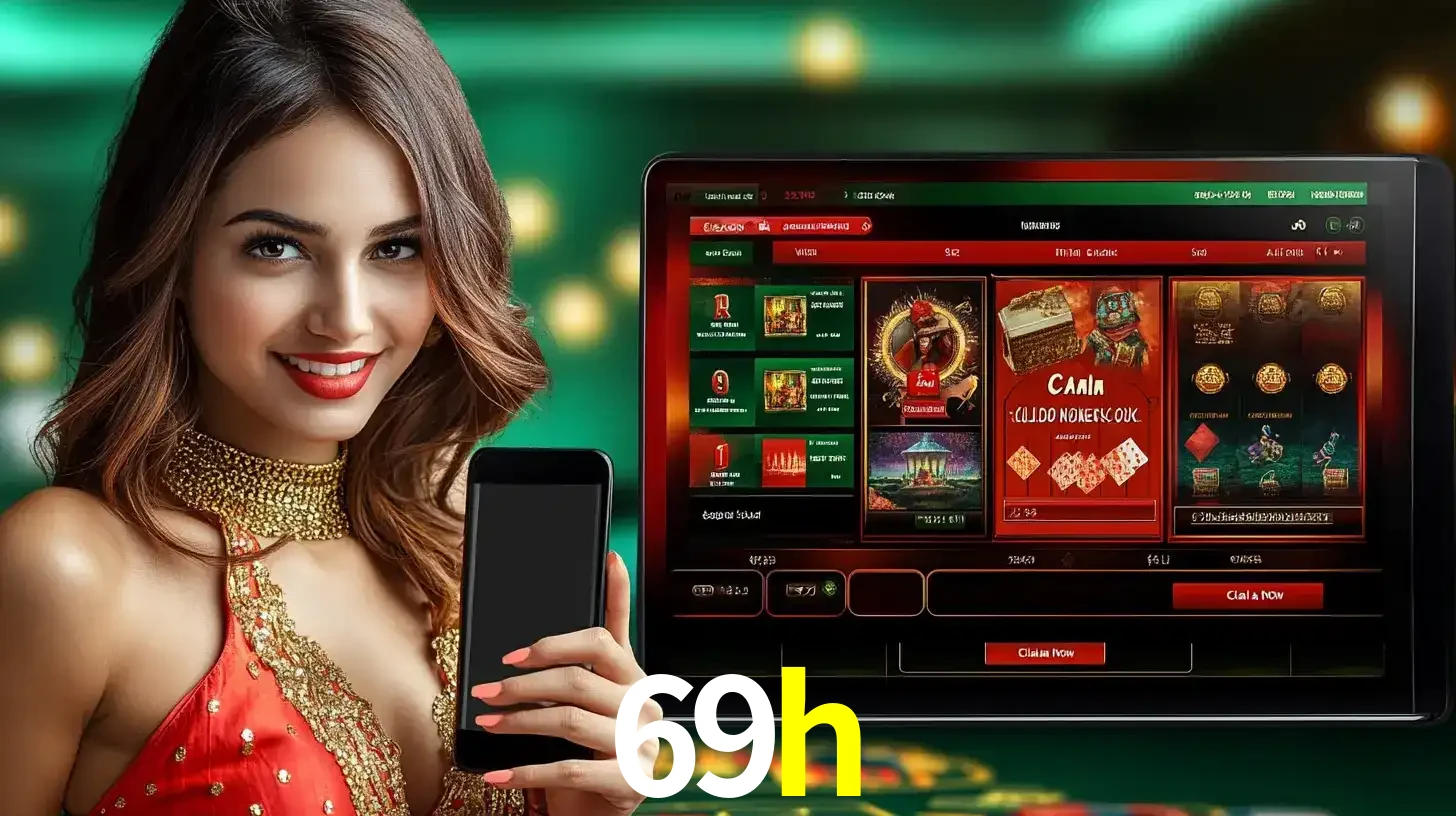 Mulher sorridente segurando um smartphone, ao lado de uma tela exibindo o lobby de jogos do cassino online 69h, com várias opções de jogos de cartas e slots.